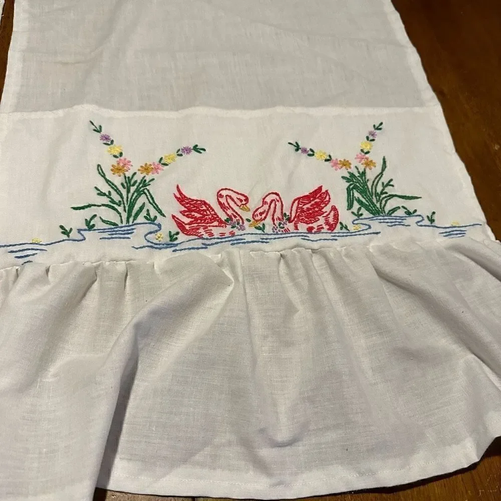 Vintage Handmade and Cross Stitched Swans and Floral White Small Window Panels - Picture 2 of 8